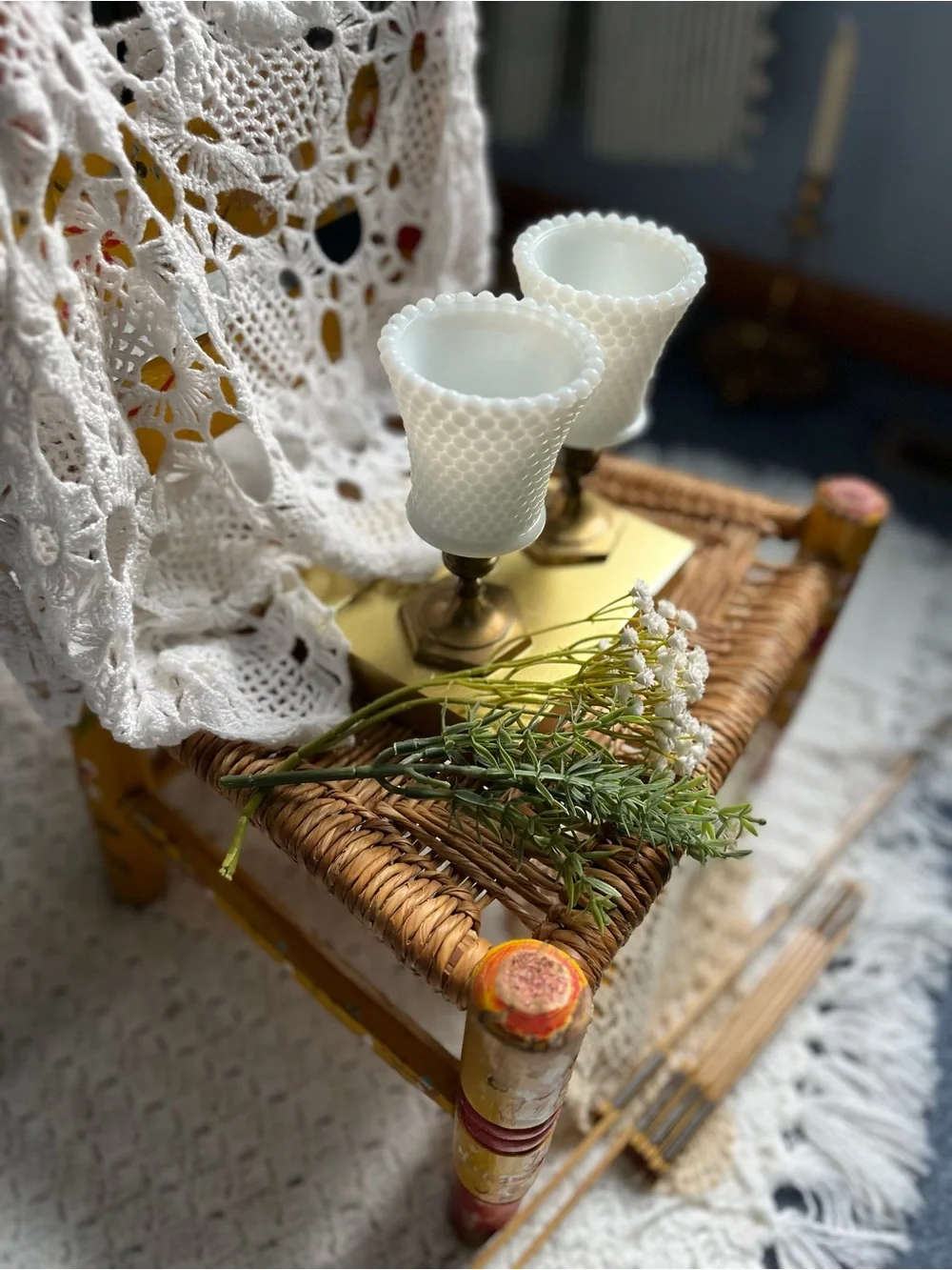 Vitg Ring of Fire Hobnail Milk Glass Peg Votives Paired with Vtg brass holders